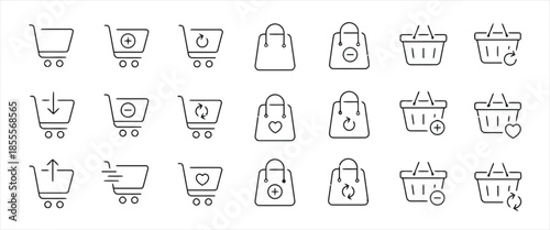 Collection of Linear Icons about Shopping Cart Related Such as Add, Remove, Update, View Isolated on White Background. Vector Linear Concepts and Outline Symbols Set. Editable Stroke