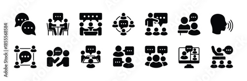 Collection of Meeting Icons in Glyph Style Including Communication Discussion Conference Negotiation Teamwork Presentation and Speech Isolated on White Background