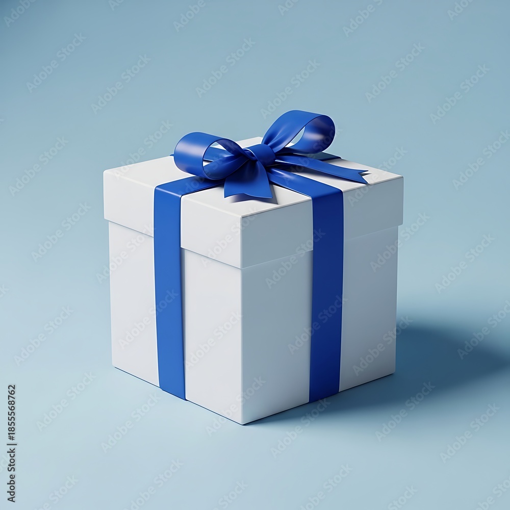 Obraz premium White gift box with blue ribbon and bow on light blue background