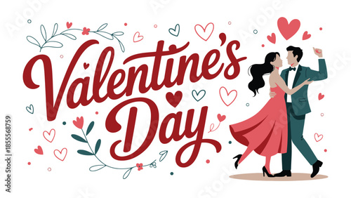 Valentine's Day: Couple dancing in love illustration with hearts and flower decoration. Celebrate romance with this beautiful image.