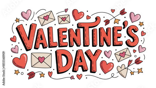Valentine's Day design with hearts and love symbols: An eye-catching illustration perfectly encapsulates the essence of Valentine's Day, featuring a festive array of hearts, love letter.
