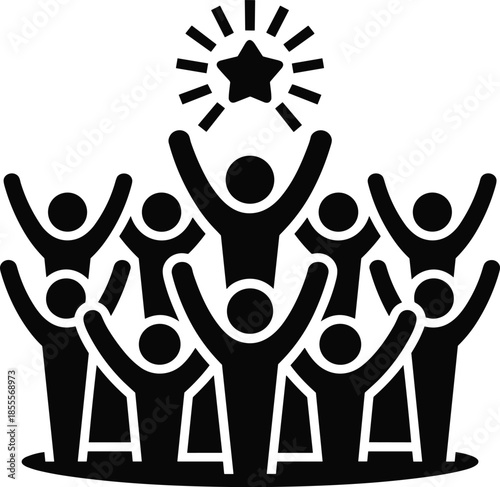 Silhouette of a Crowd Cheering with Arms Raised Towards a Bright Star Symbol of Success people group