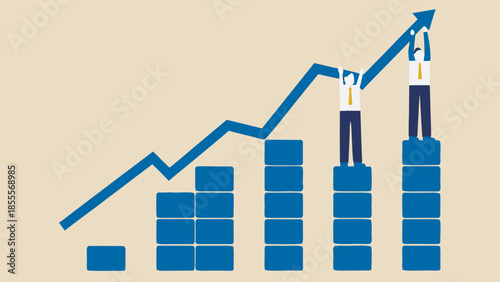 Flat illustration of people building a rising bar graph with blocks