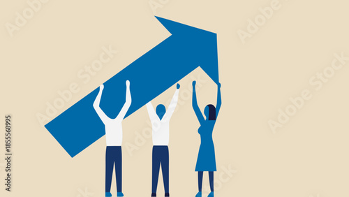 Flat illustration of three coworkers lifting a large blue arrow upwards together in unity