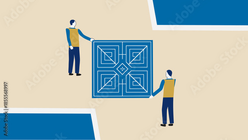 Flat illustration of a team solving a complex visual maze puzzle together