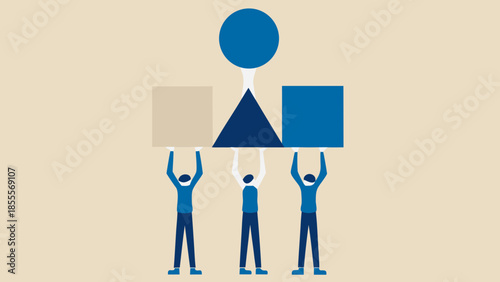 Flat vector scene of coworkers balancing geometric shapes teamwork concept