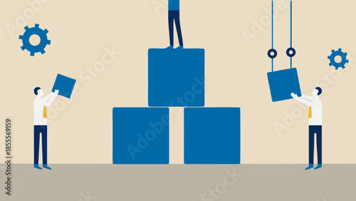 Flat vector scene of a team working together to construct a tower with blocks and gears