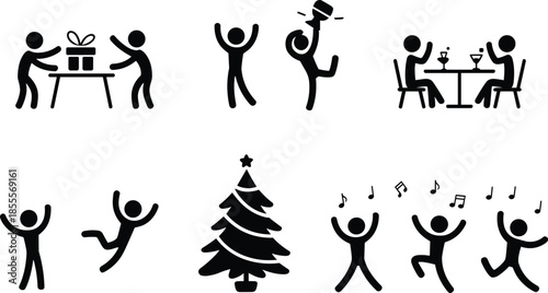 Stick Figure Party and Celebration Icons with Christmas Tree and Music Notes Keywords: stick figure, icon, celebration, party