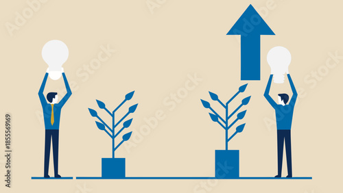 Flat vector scene of professionals planning and growing with lightbulbs and plants