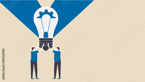 Minimalist vector artwork of two people assembling a large light bulb with gear inside on blue