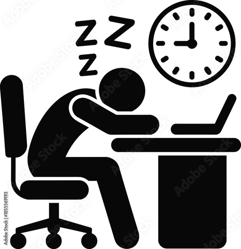 Stick figure sleeping at desk with laptop and clock showing late hour tired exhausted