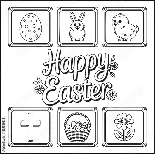 Happy easter day coloring page with quote text for kids and adults black line art illustration for print ready vector elements