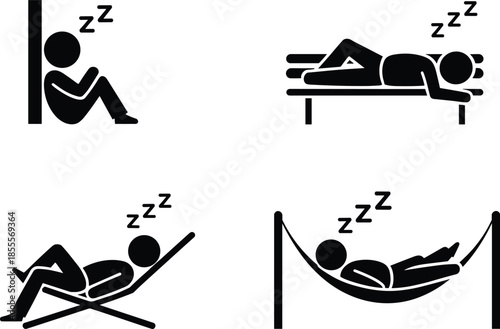Stick Figure Sleeping in Various Positions Icons with Zzz Symbols Keywords: stick figure, icon, sleeping, sleep, nap, rest