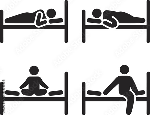 Stick figure sleeping positions on bed and meditating on white background bedroom rest