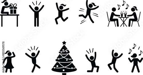 Stick figures celebrating holidays and enjoying social gatherings celebration Christmas tree