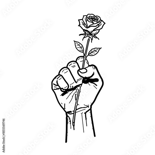 A powerful black and white illustration of a woman’s clenched fist holding a delicate flower. A symbolic balance of strength, resilience, and dignity in the fight for female rights