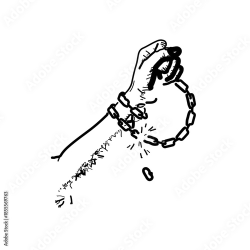 black and white illustration of a woman's wrists breaking free from heavy chains. A powerful symbol for human rights, ending oppression, and the struggle for gender equality