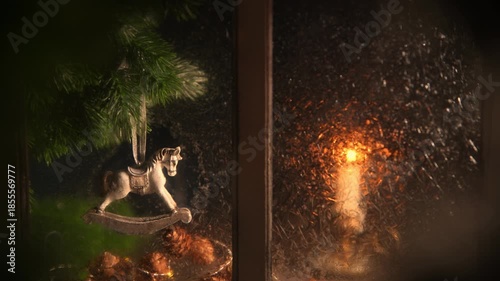 Rocking horse ornament hanging from a pine branch before a frosted window with warm glowing light, creating a cozy, nostalgic holiday scene of vintage childhood charm