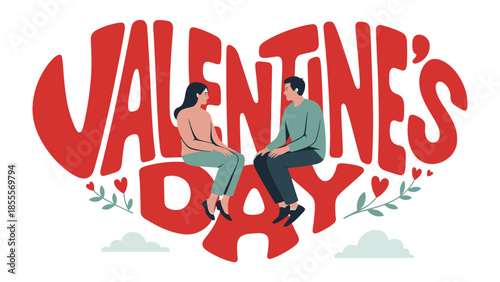 Love's Embrace: A couple shares an intimate moment, symbolizing the joy and affection of Valentine's Day, amidst a heart-shaped backdrop of vibrant hues and elegant typography.