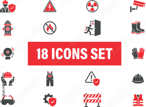 Industrial and Workplace Safety Icons Set. Safety icons set for workplace and emergency situations. 
including warning signs, protective gear, and hazard symbols