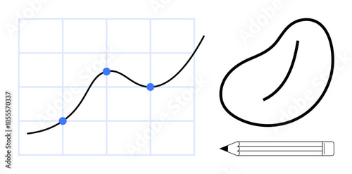 Data visualization, education tools, business analytics, design concepts, drawing techniques, planning processes. A line graph with points, a freeform shape and a pencil. Data visualization