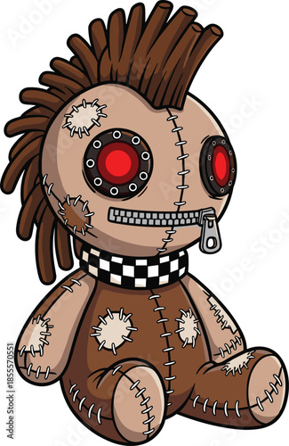 Punk voodoo doll, stitched fabric character, creepy cute toy, zipper mouth, red button eyes, horror cartoon, flat vector illustration
