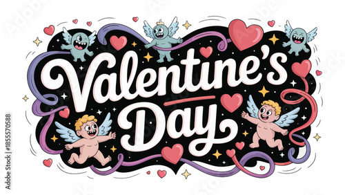 Valentine's Day Illustration: A vibrant and whimsical illustration announces the celebration of love. The design is filled with cherubs, hearts, and decorative elements.