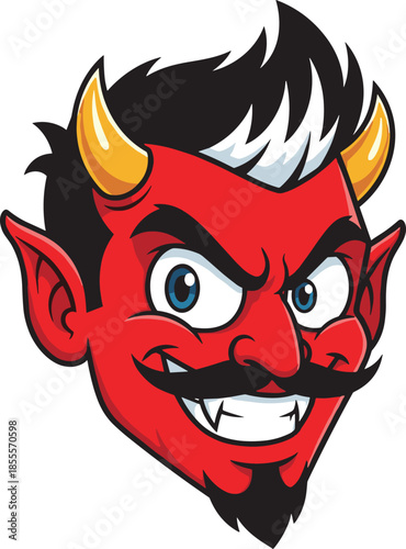 Cartoon devil head, red skin demon, yellow horns, mischievous grin, fantasy villain, bold character design, flat vector illustration