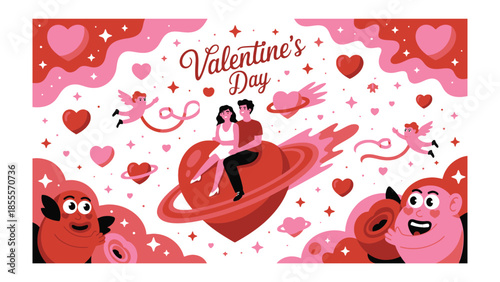Valentine's Day Couple in Love: A captivating Valentine's Day illustration depicts a romantic couple amidst a celestial backdrop filled with hearts, cherubs, and celestial bodies.