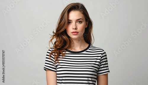 Portrait of a beautiful young woman in a striped t-shirt against a plain background