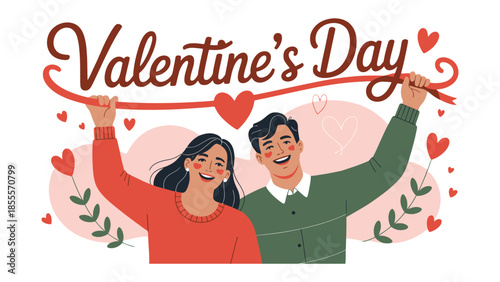 Valentine's Day Couple in Love: A couple holding Valentine's Day ribbon and heart, showing joy and love for Valentine's Day.