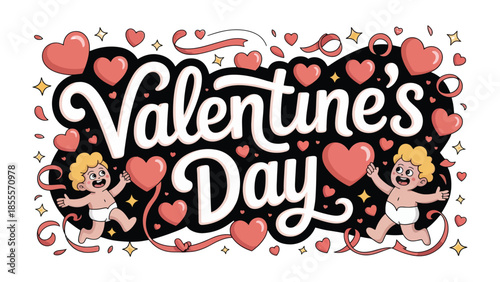 Valentine's Day Icon: A charming Valentine's Day illustration featuring adorable cherubs, hearts, ribbons, and a banner that convey feelings of love and affection.