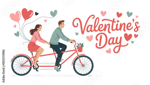 Romantic Tandem Ride for Valentine's Day: Couple cycling together on a tandem bike on valentine's day, filled with hearts, balloons, and an expression of love and companionship. 