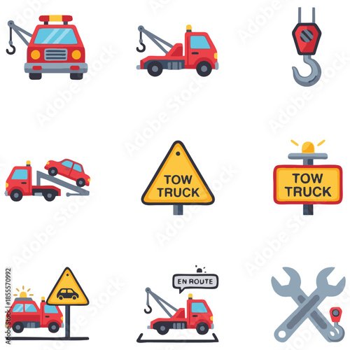 Collection of flat design icons featuring tow trucks, warning signs, and tools, representing roadside assistance and vehicle breakdown services