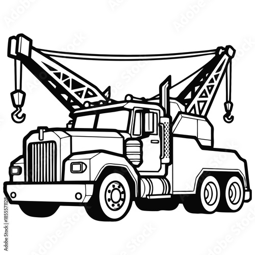 Monochromatic line art illustration of a powerful heavy duty tow truck, featuring prominent recovery cranes and large hooks, ready for emergency roadside assistance and vehicle recovery operations