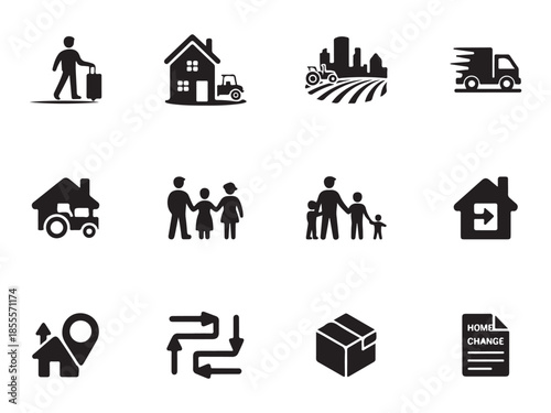 A set of modern black icons depicting logistics, family, and lifestyle themes, ideal for business and commercial use.