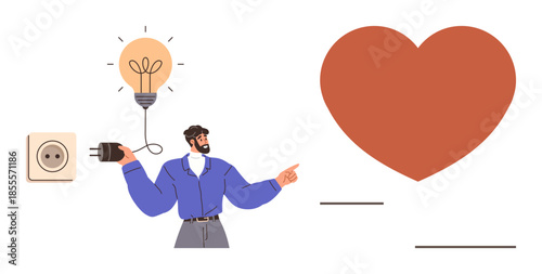Man connecting a glowing lightbulb plug while pointing to a red heart. Ideal for energy, inspiration, innovation, love, connection, creativity, motivation. A simple flat metaphor