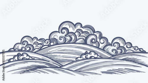 Flat vector abstract fantasy landscape with swirling clouds and rolling hills in shades