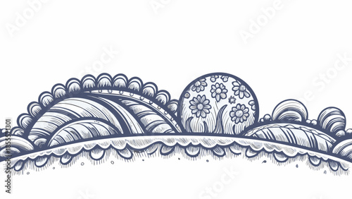 Flat vector illustration of surreal abstract landscape with floral patterns and waves on white