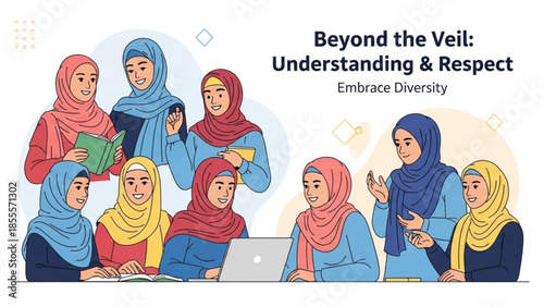 Diverse Muslim women in hijab collaborating representing understanding and respect ideal for educational or cultural diversity concepts