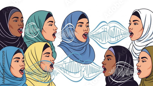 Diverse women in hijab communicating representing conversation and connection vector illustration for social media or cultural concepts