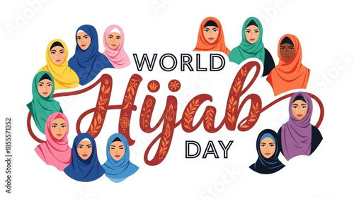 World Hijab Day illustration diverse women in colorful hijabs celebrating unity and culture vector graphic for awareness campaigns