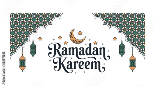 Ramadan Kareem: Decorative Islamic design with a crescent moon, stars, and lanterns, conveying a sense of spirituality and celebration.