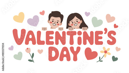 Sweet Valentine's Greeting: Joyful couple celebrates Valentine's Day with romantic illustrations, showcasing love, affection, and sweet sentiments.