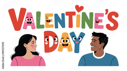 Valentine's Day Bliss: A vibrant display of love and affection unfolds with two smiling individuals facing each other, complemented by a playful inscription Valentine's Day.