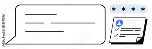 Speech bubble with text lines next to a document featuring user avatar, password dots, and checkmarks. Ideal for security, authentication, privacy, communication, verification, access control simple