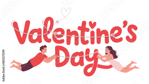 Valentine's Day Couple in Love: A romantic illustration for Valentine's Day, depicts a couple holding hands connected by the heart-shaped wire floating in the sky. It embodies connection and joy.