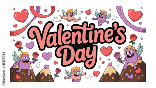 Valentine's Day Illustration: A colorful Valentine's Day illustration, featuring whimsical cupids, hearts, and roses in a festive, loving design.