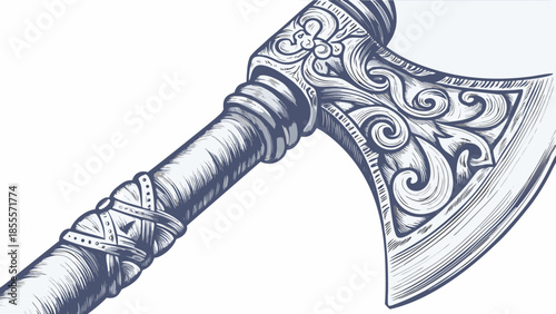 Intricately designed battle axe with ornate handle and curved blade, detailed engraving