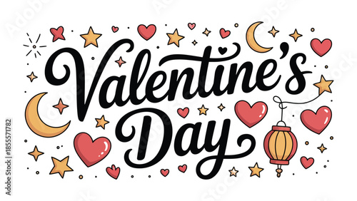 Valentine's Day: A whimsical composition for the special day, featuring hearts, stars, and crescent moons, all working together to embody the spirit of love and affection.